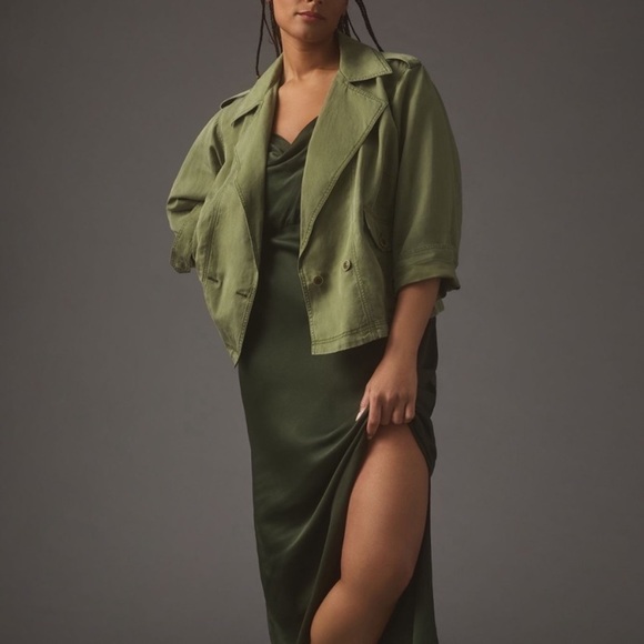 Anthropologie Linen Aviator Tencel Lyocell Green Jacket size Medium - Picture 1 of 13